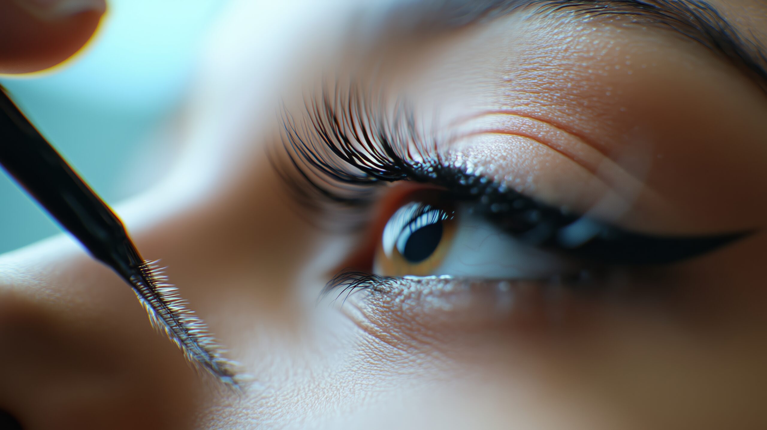 Applying eyelash extensions on a woman’s eyes in a beauty salon during afternoon hours