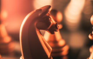 Black knight on a chess board