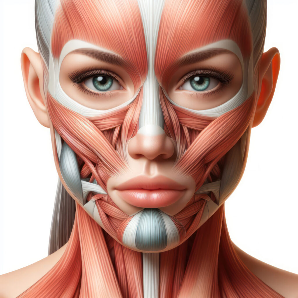 woman anatomy showing face with muscular system visible. Illustration of male Anatomy of the face Isolated